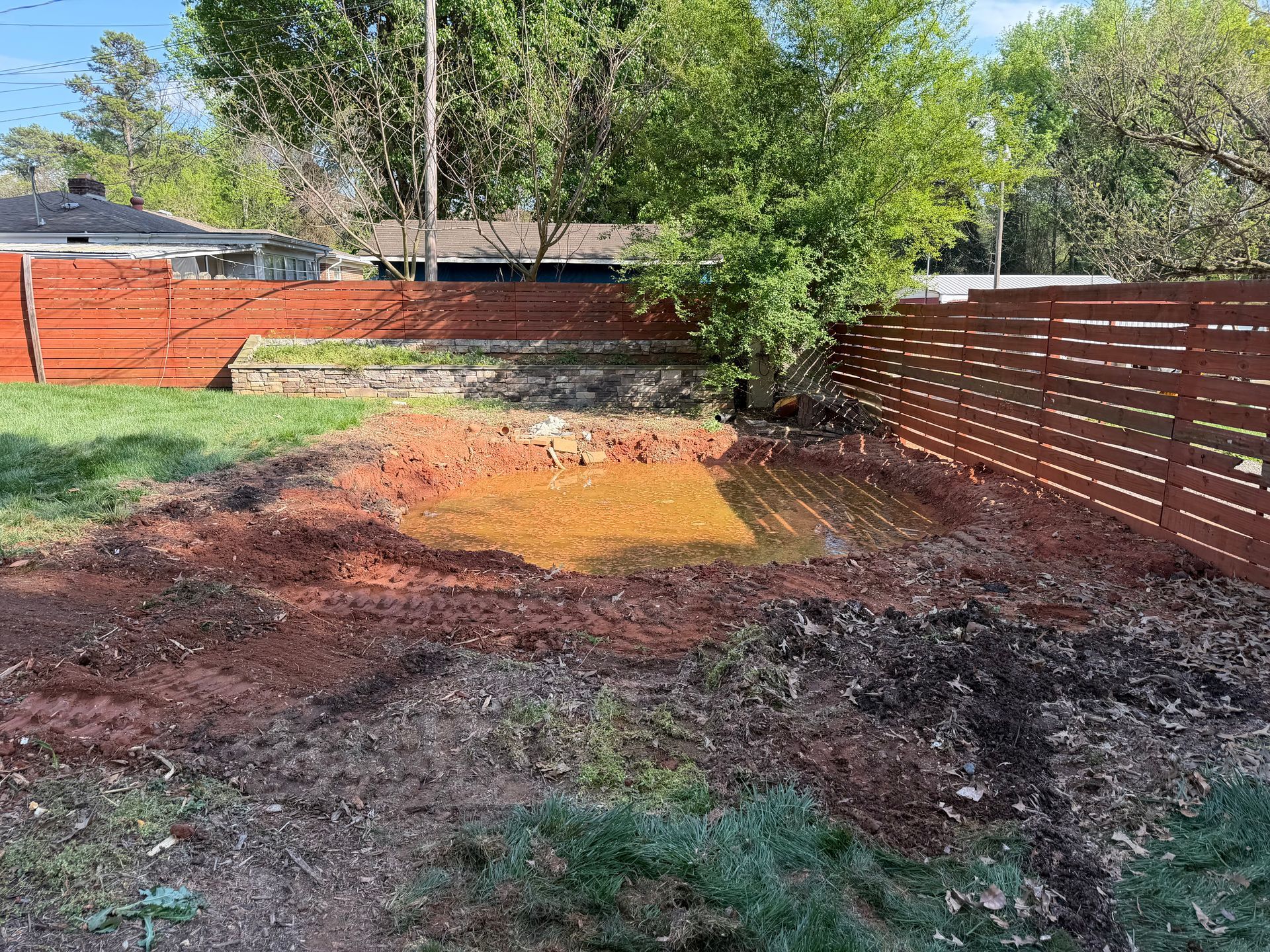 Backyard with bare soil, a small tree, and a red wooden fence on a sunny day