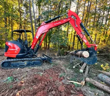 A red excavator is sitting on top of a pile of logs in the woods.
