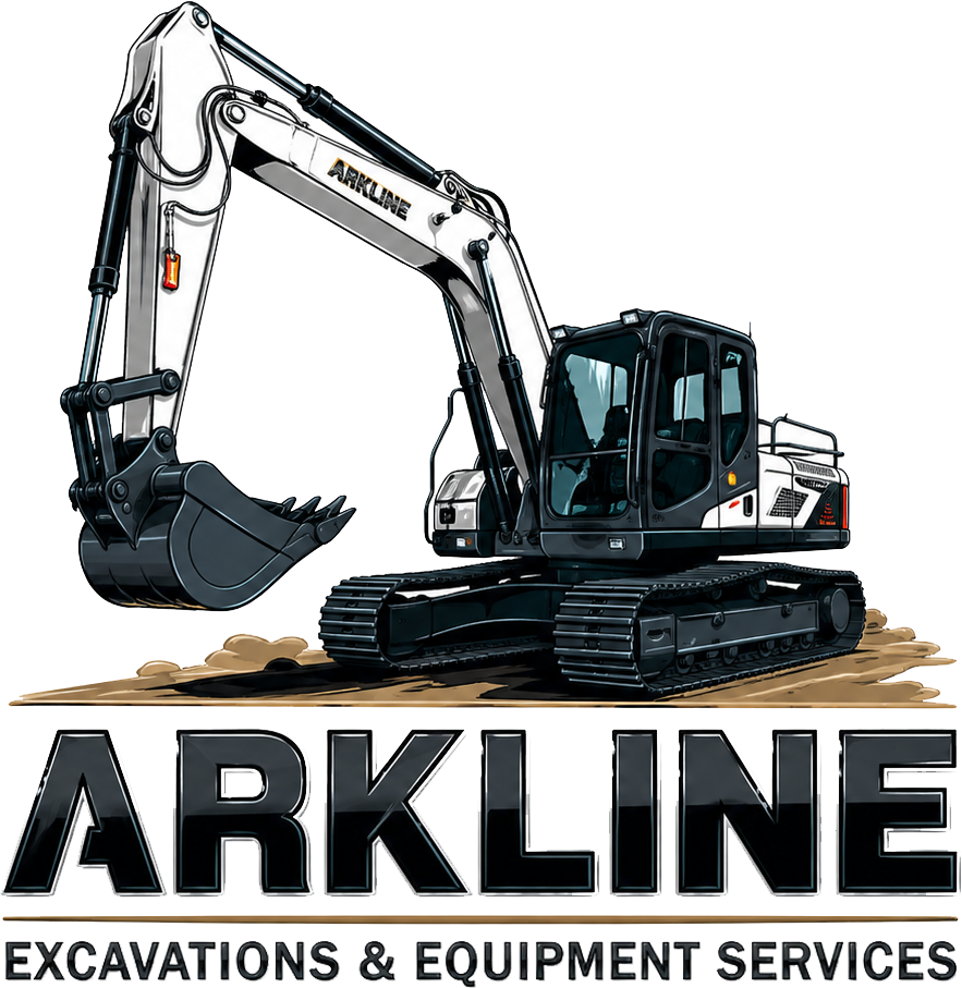 ARKLINE excavations and equipment services logo with a white tracked excavator