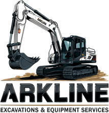 ARKLINE excavations and equipment services logo with a white tracked excavator