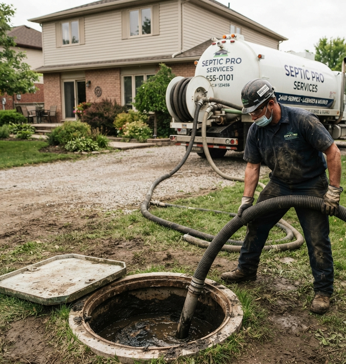 Worker cleaning a septic tank in front of a suburban house with a septic service truck.