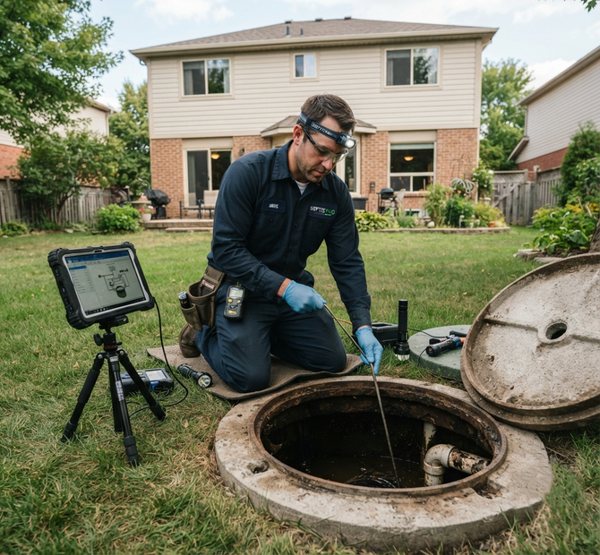 Technician inspecting an open sewer manhole with a camera in a suburban backyard