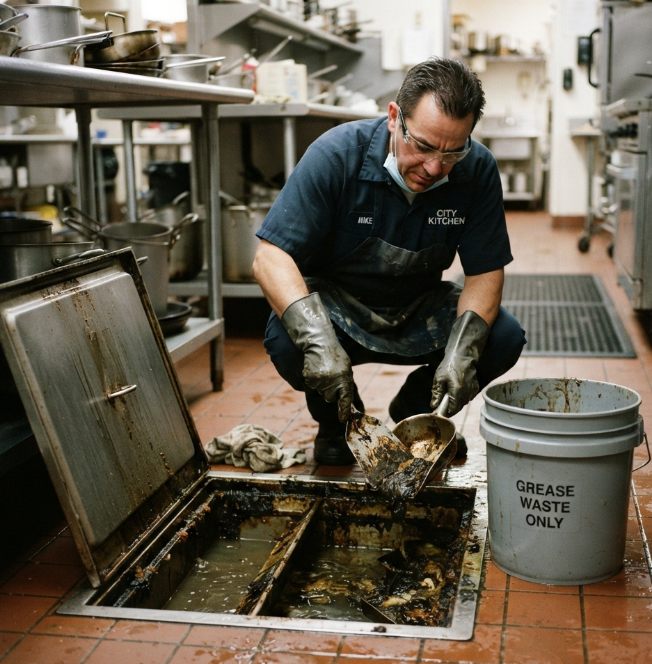 Worker cleaning a greasy kitchen fryer beside a grease waste container.