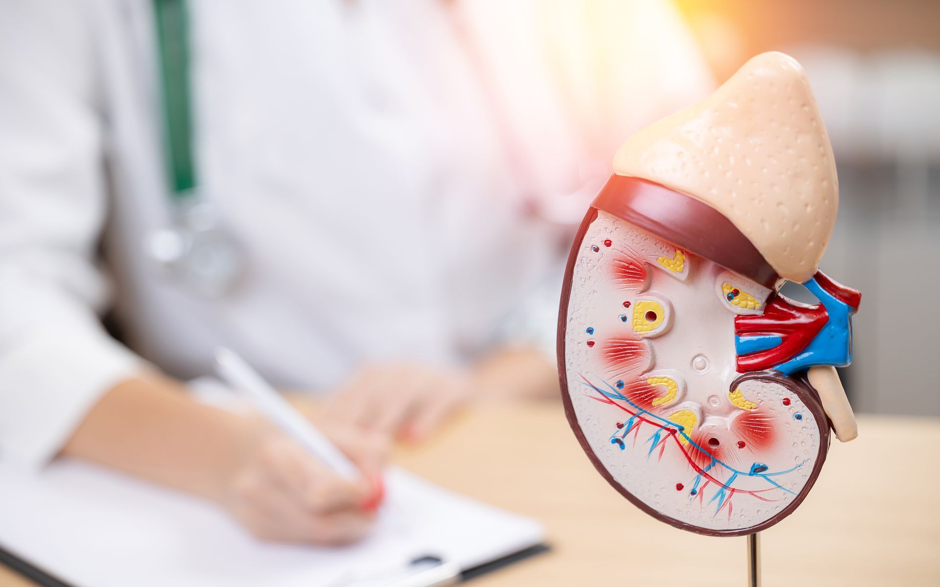 Nephrologist reviewing a kidney anatomy model while documenting a patient's care plan.