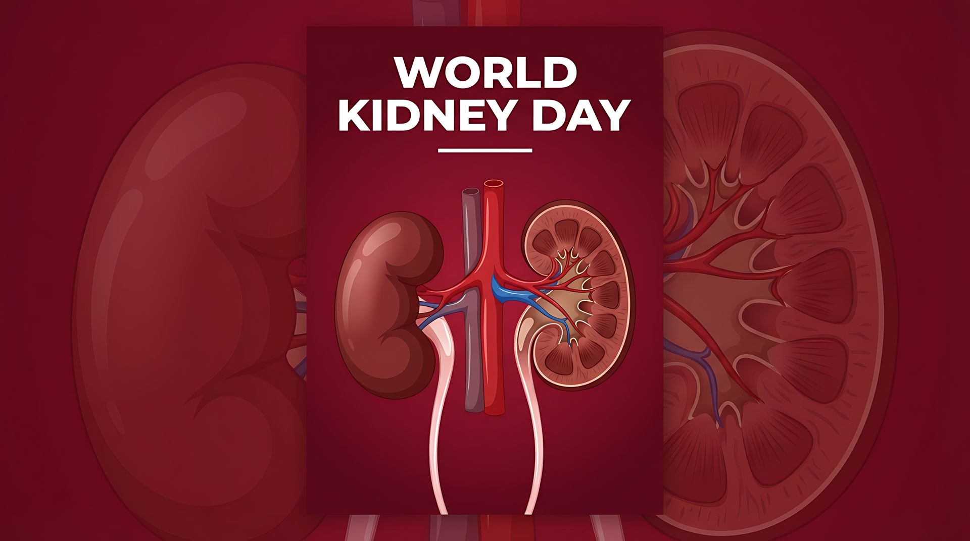 World kidney day awareness poster with realistic illustration of human kidney anatomy red background
