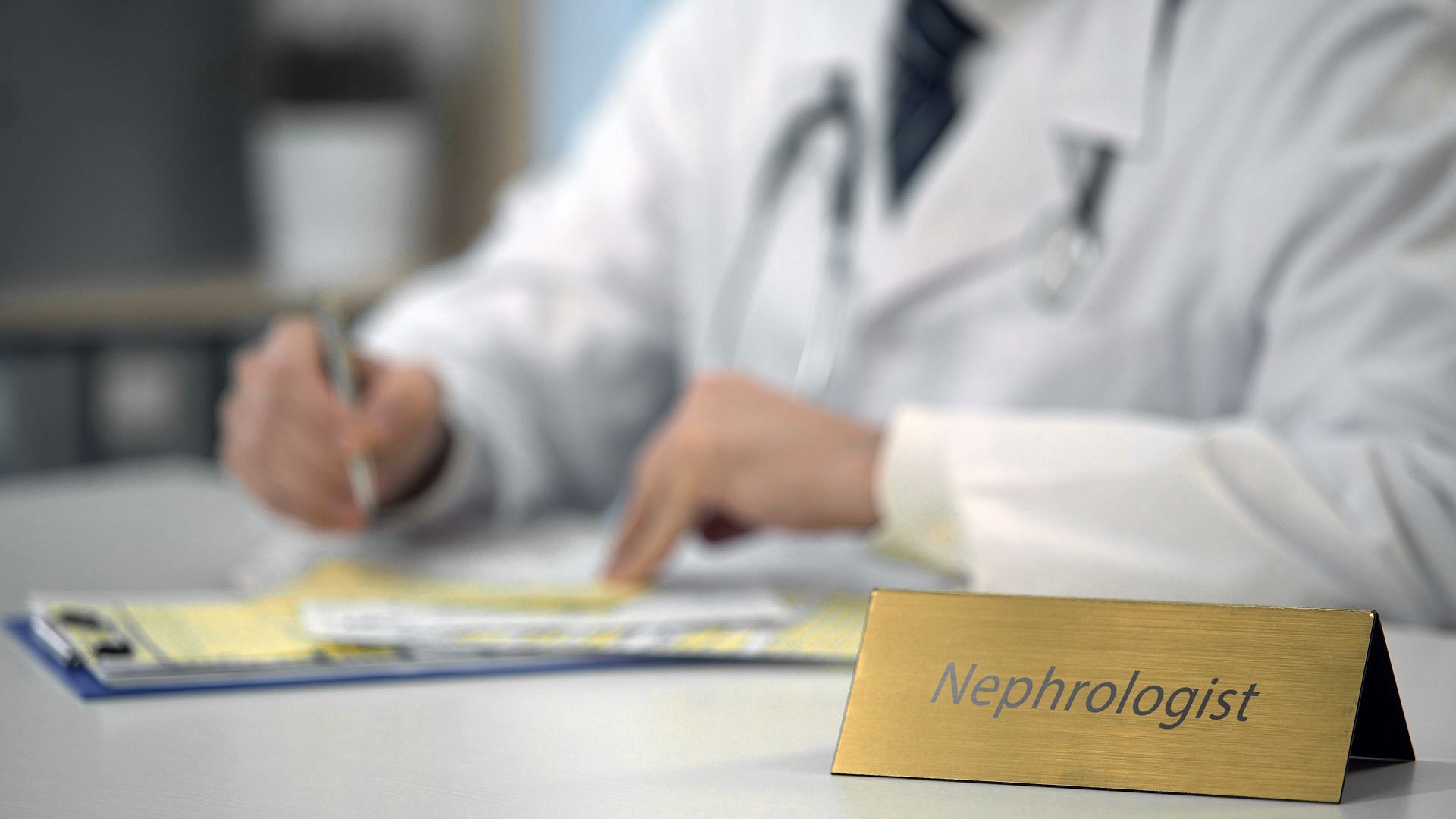 Professional nephrologist consulting with a patient online at a clinical desk. Professional nephrologist consulting with a patient online at a clinical desk.