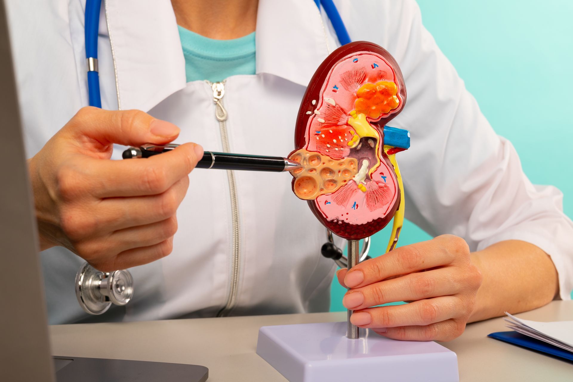 A doctor shows with a pen a plastic model of a human kidney, explaining a kidney transplant. A doctor shows with a pen a plastic model of a human kidney, explaining a kidney transplant.