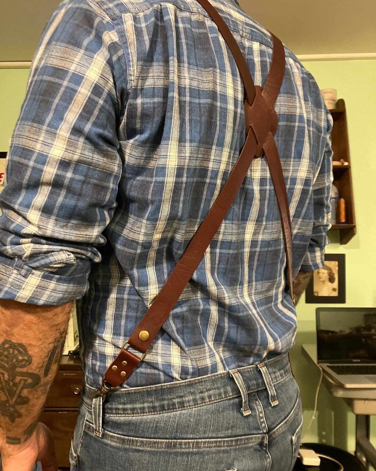 Custom leather suspenders, four clip style