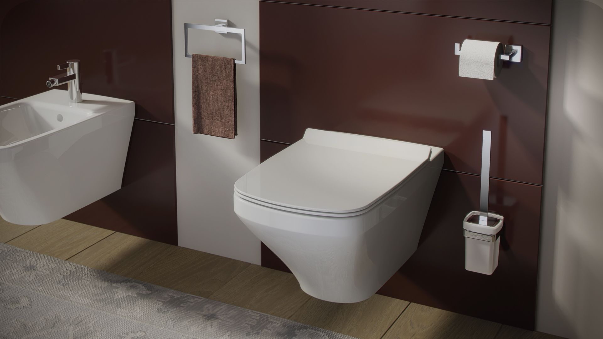 Un bagno moderno e minimalista con WC sospeso bianco, bidet e accessori coordinati su una parete scura.