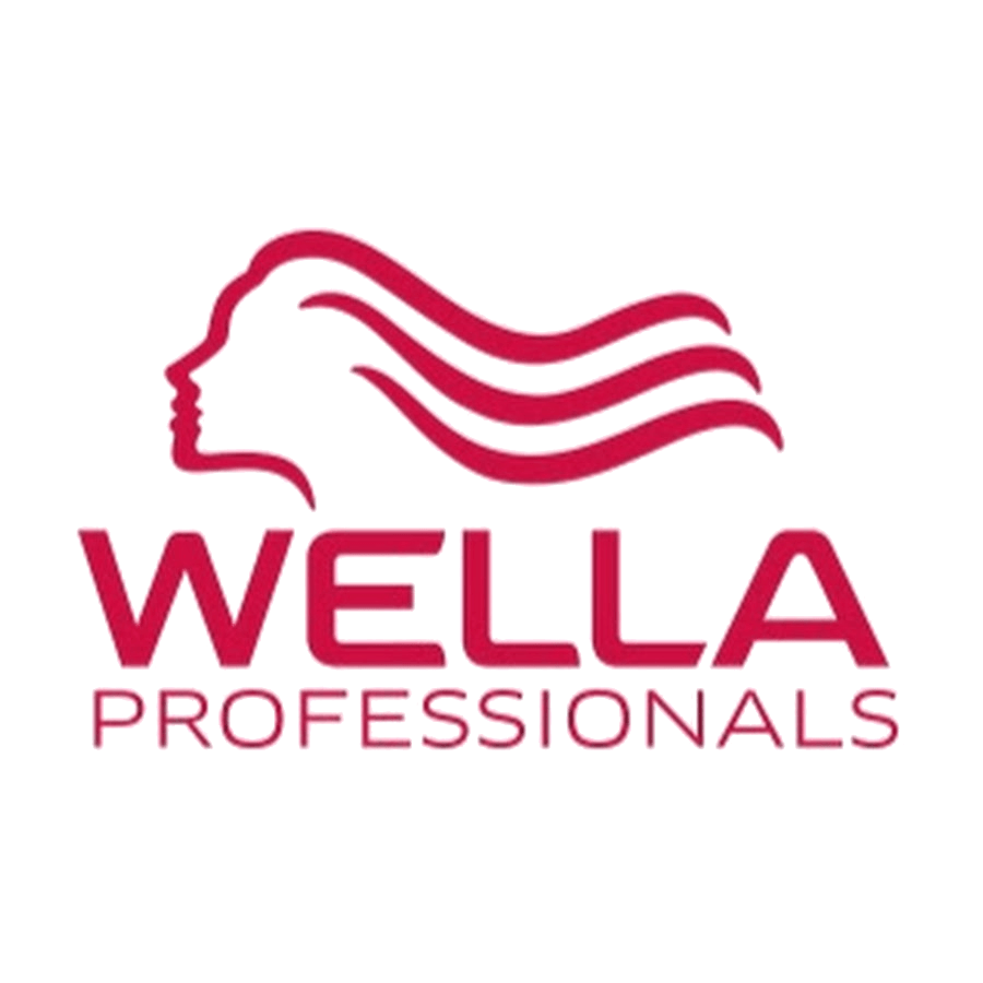 Logo Wella Professionals: silhouette di una donna con capelli fluenti rossi, con il nome del marchio in basso scritto in rosso.