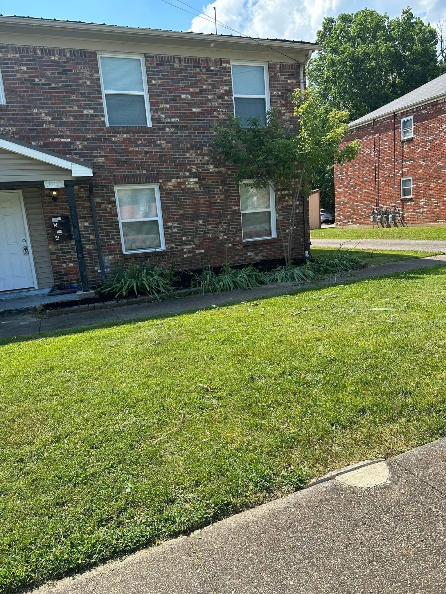 Brick apartment building with white-trimmed windows, green lawn, and a concrete walkway under a blue sky