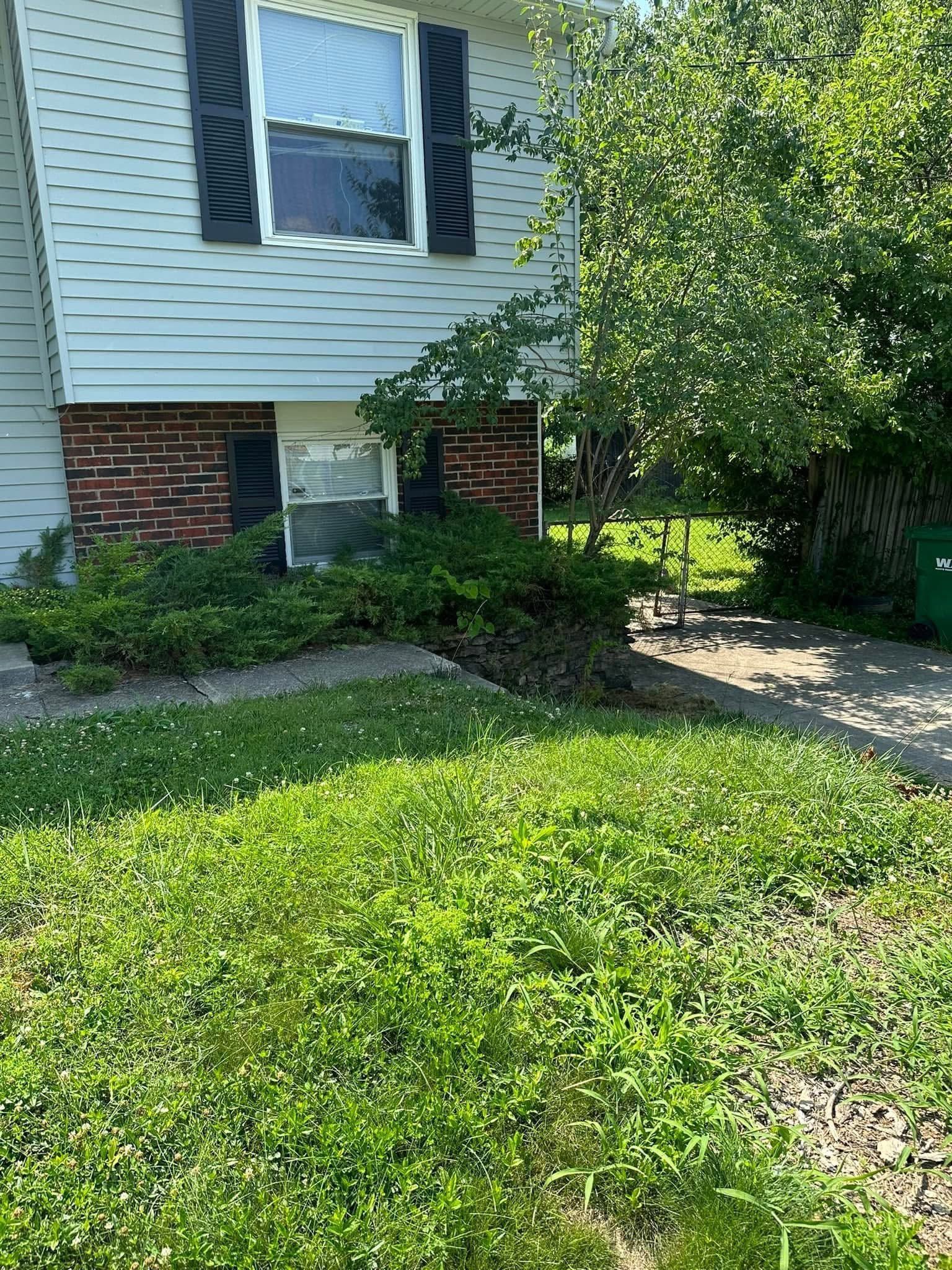 House exterior with blue siding, brick foundation, front window, and a green lawn with walkway and trees