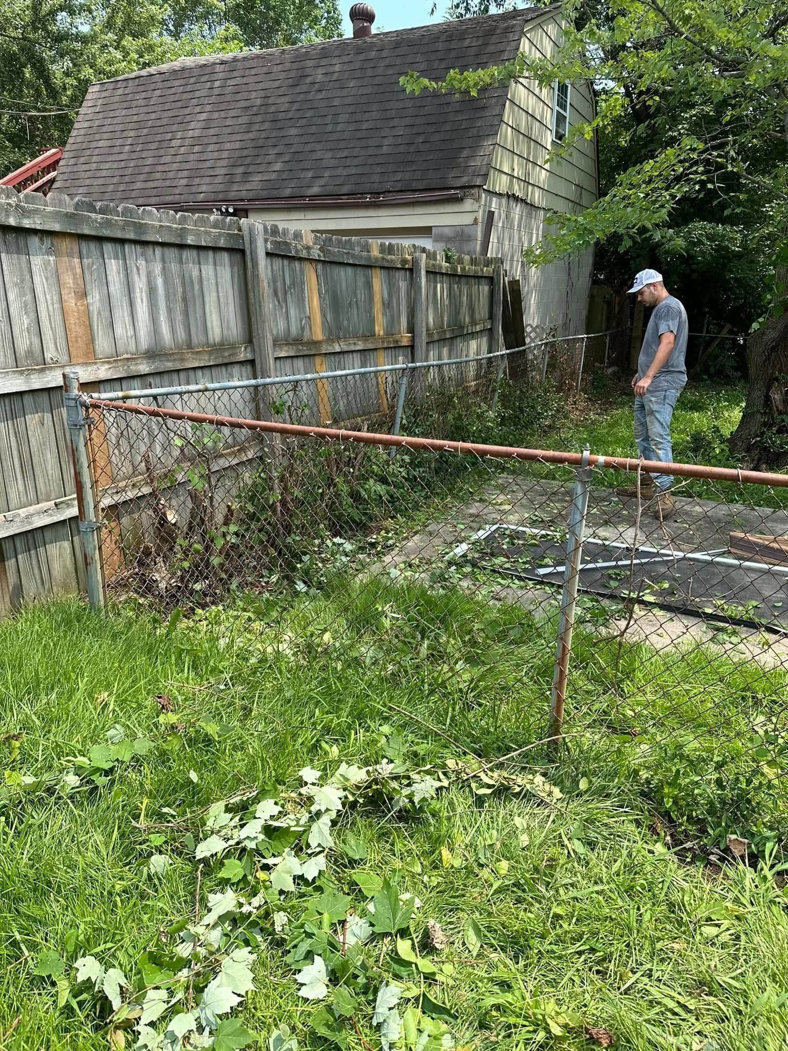 Person standing beside an old wooden shed in an overgrown backyard, with a clothesline in the foreground