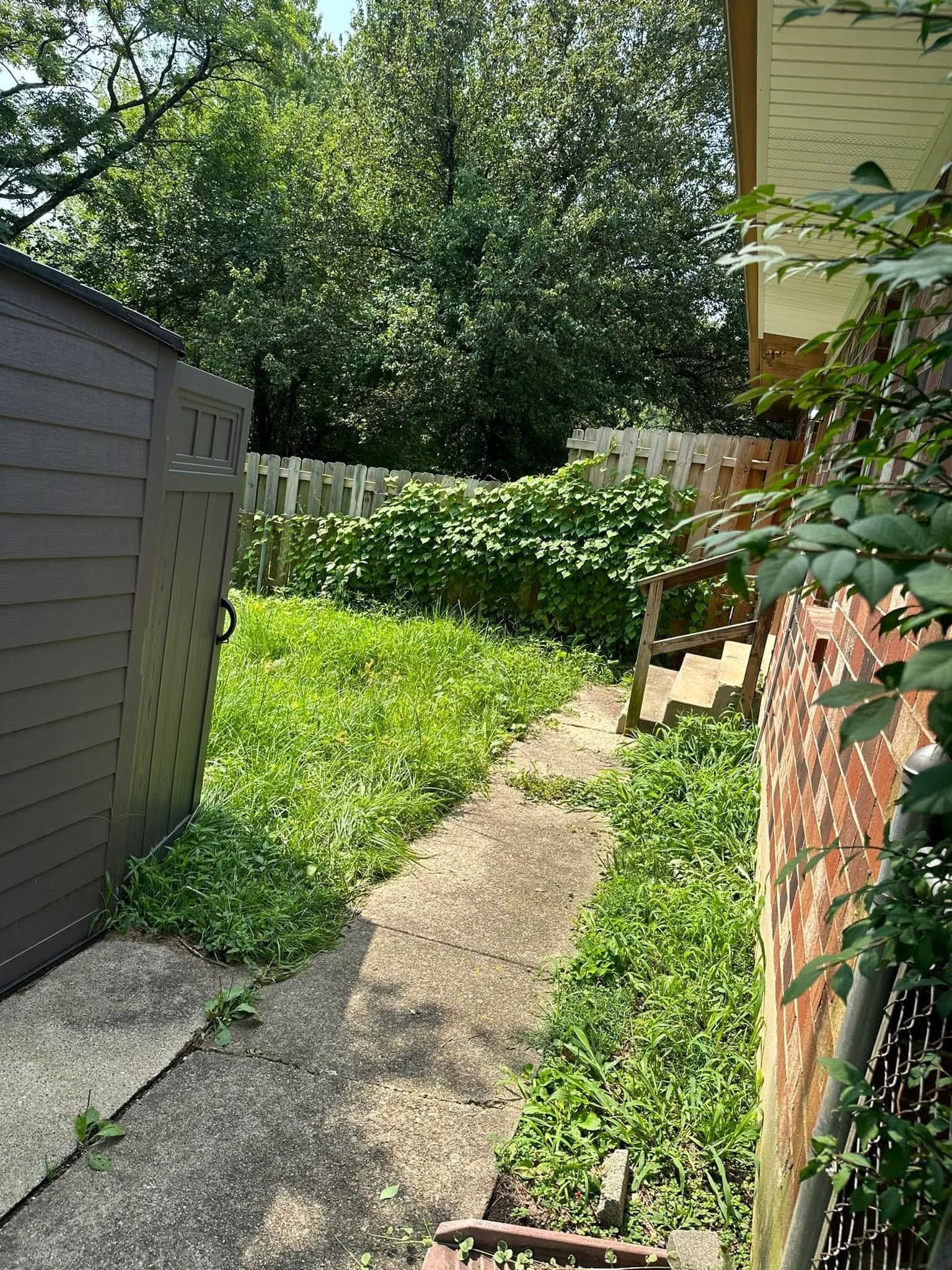Narrow gravel path through a green backyard beside a gray shed and house wall, with trees and a fence ahead