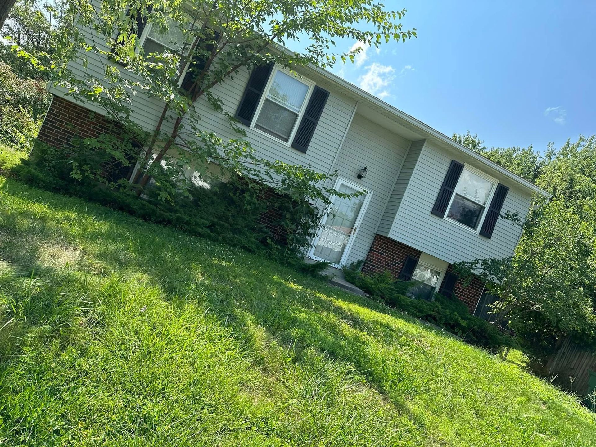White two-story house with black shutters, partly hidden by trees, beside a grassy yard on a sunny day