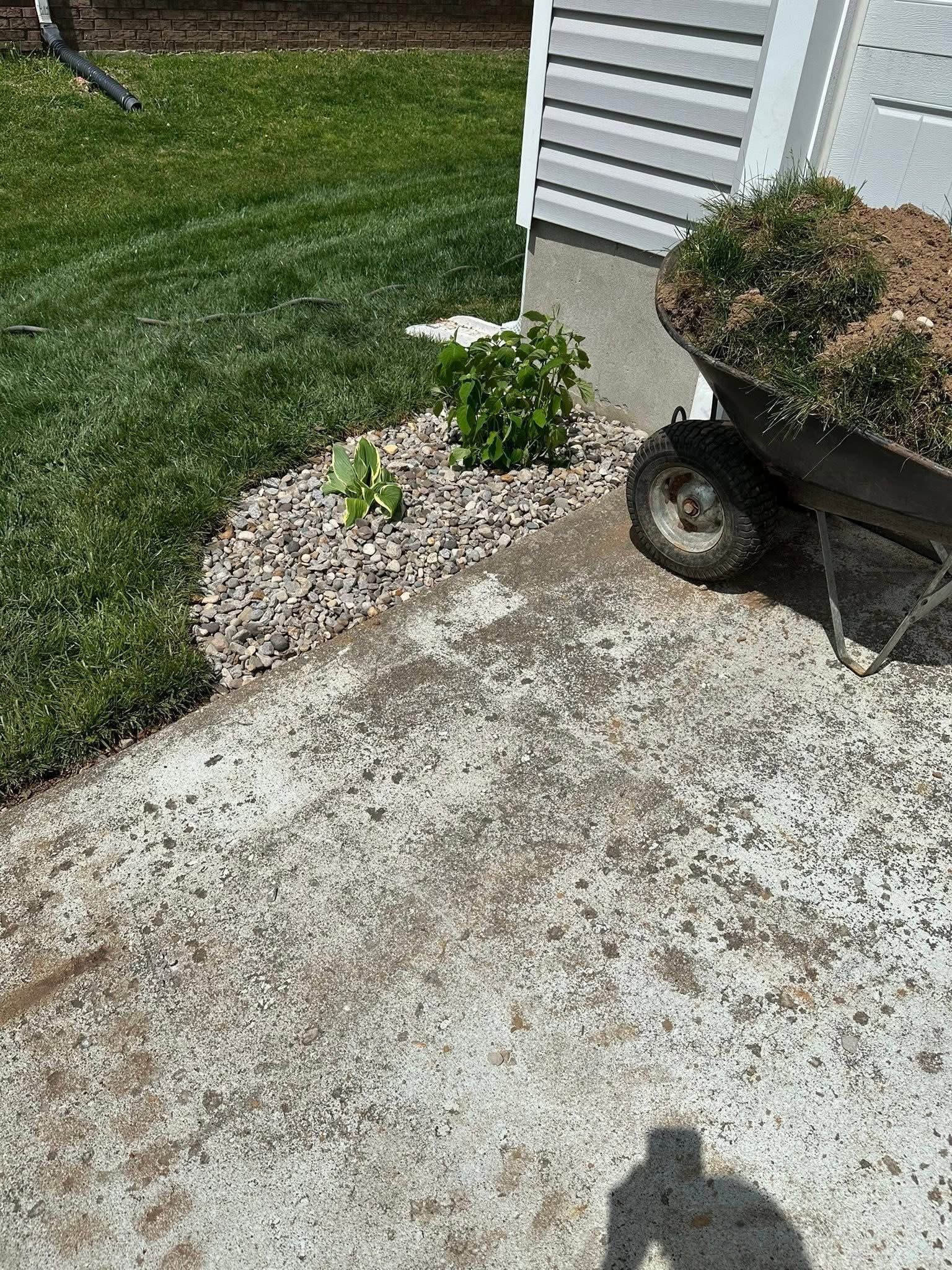 Wheelbarrow beside a house wall on a concrete patio next to a mulched garden bed and lawn