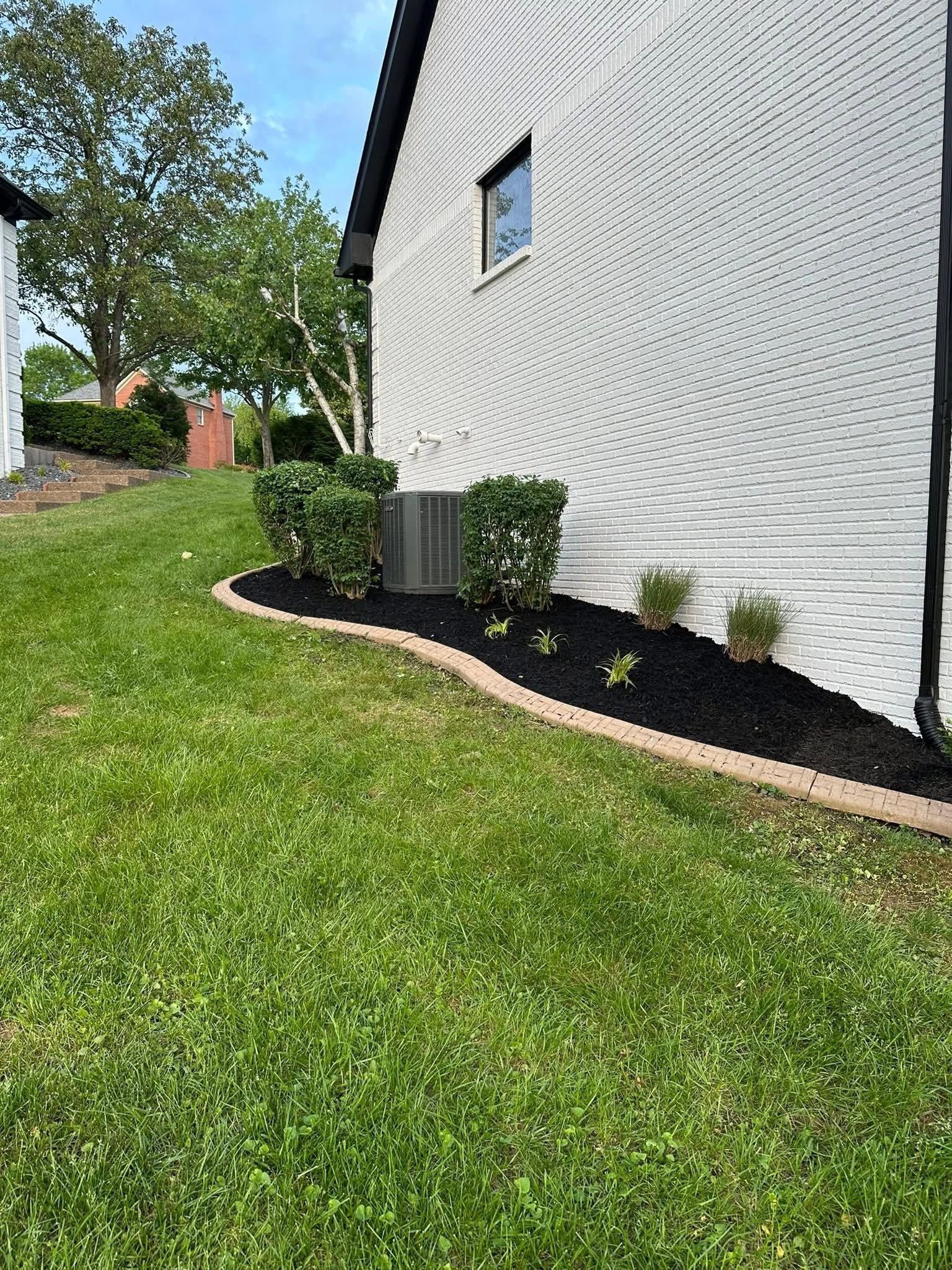 White house wall with black mulch bed, shrubs, grass lawn, and trees in the yard.