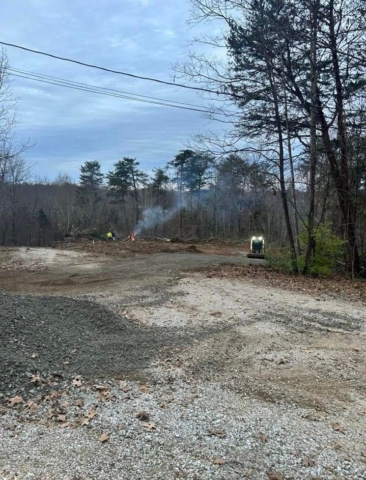Gravel clearing with leafless trees, power lines, and a small green utility box under a cloudy sky