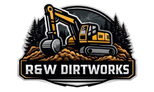 R&W Dirtworks logo with a yellow excavator in front of pine trees on a black-and-gray badge