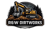 R&W Dirtworks logo with a yellow excavator in front of pine trees on a black-and-gray badge