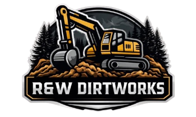 R&W Dirtworks logo with a yellow excavator in front of pine trees on a black-and-gray badge