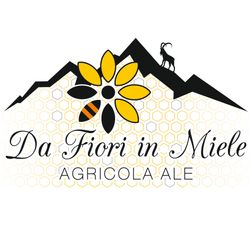 Logo: montagne, fiore con ape, scritta 