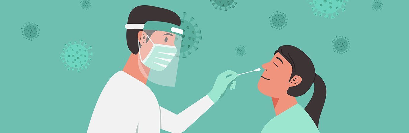 Medical professional in PPE administering a nasal swab test to a woman. Green background with virus graphics.