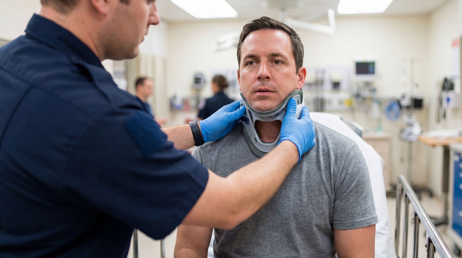 A doctor is fitting a cervical collar on an injured man at an urgent care clinic.