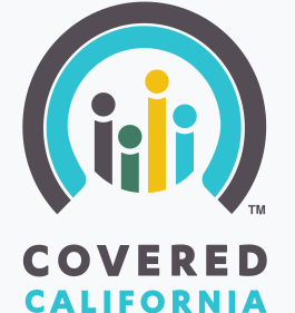 Covered California logo: abstract figures in a blue and black ring. Text
