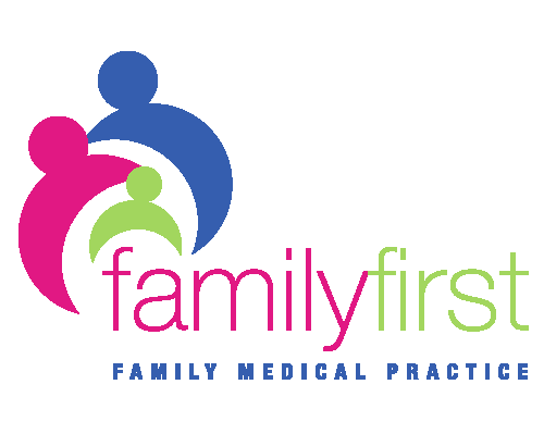 Family First medical logo: Three overlapping figures in pink, blue, and green, with