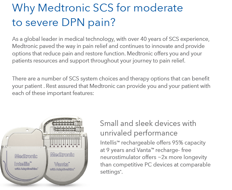 Medtronic SCS ad. Text discusses SCS for DPN pain, highlights resources, and features small devices.