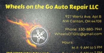 A business card for wheels on the go auto repair llc