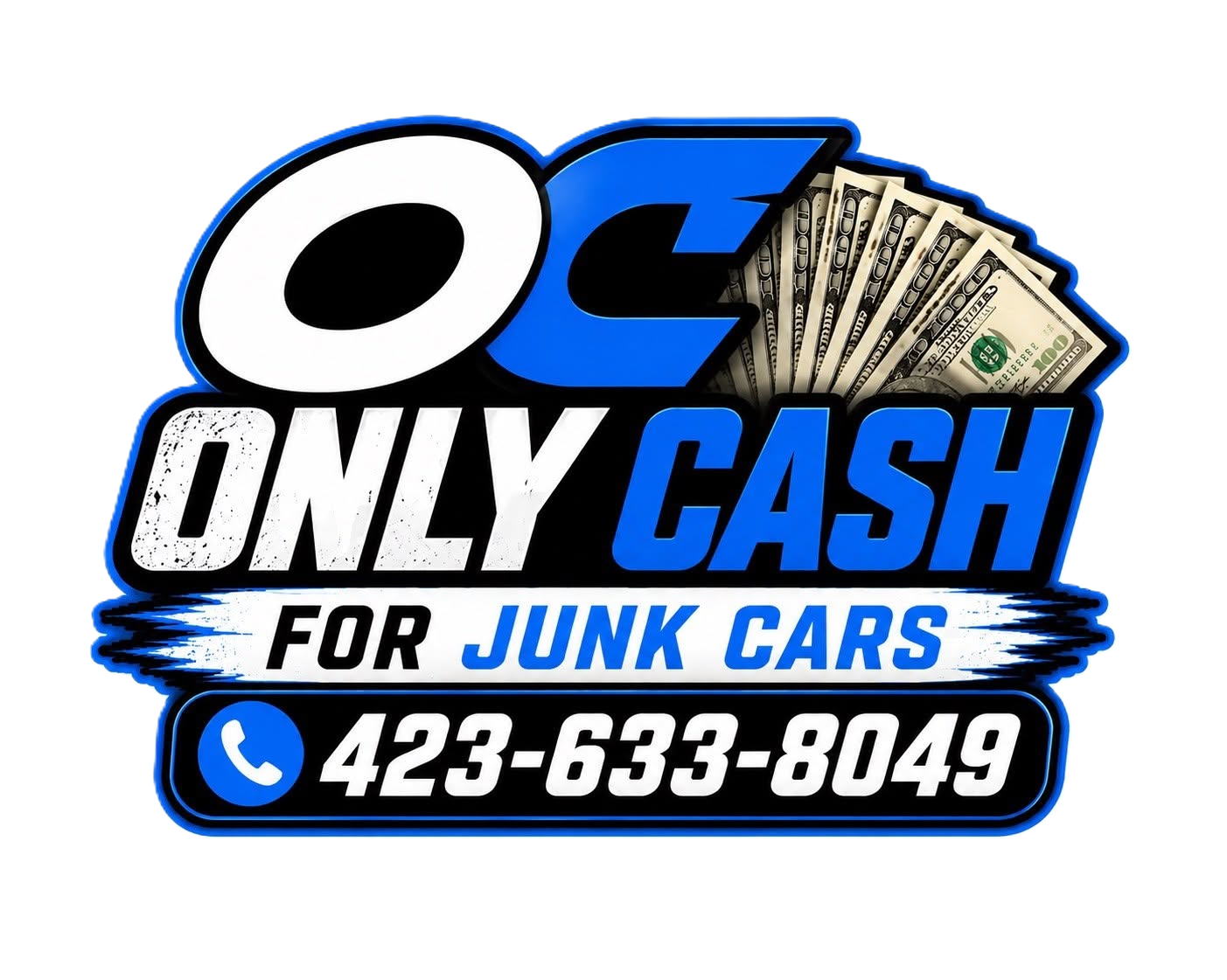 Only Cash for Junk Cars logo with phone number 423-633-8049 and cash graphic