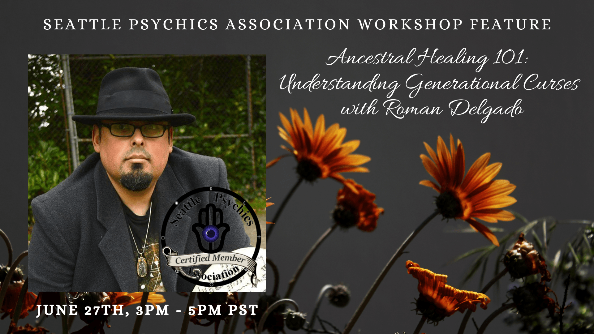An advertisement for a Seattle Psychics Association workshop with Roman Delgado.