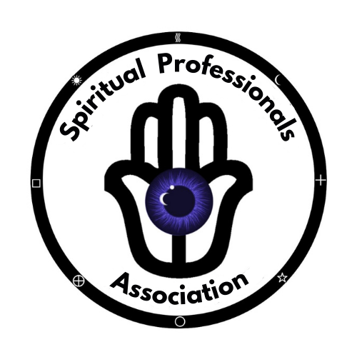 The logo for the spiritual professionals association has a hamsa hand with a purple eye.
