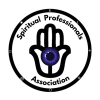 The logo for the spiritual professionals association has a hamsa hand with a purple eye.