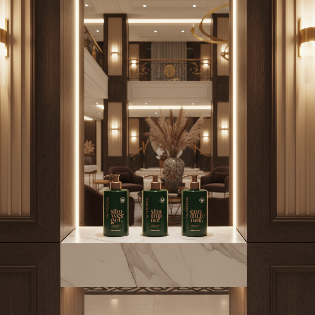 Tre flaconi con dosatore di colore verde scuro su una mensola di marmo bianco nella hall di un hotel di lusso, illuminati da una luce calda e soffusa.