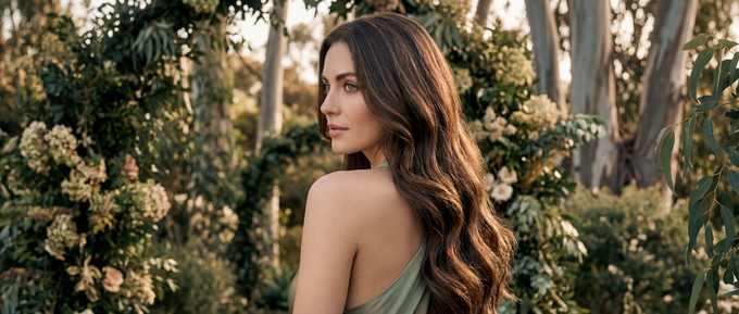 Una persona con lunghi capelli castani ondulati si volta indietro, circondata da vegetazione e fiori dai colori tenui all'aperto.