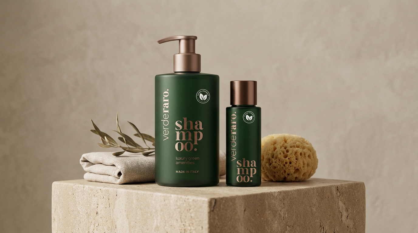 Una bottiglia verde di shampoo Verderaro con tappo a pompa color bronzo, centrata su sfondo bianco.