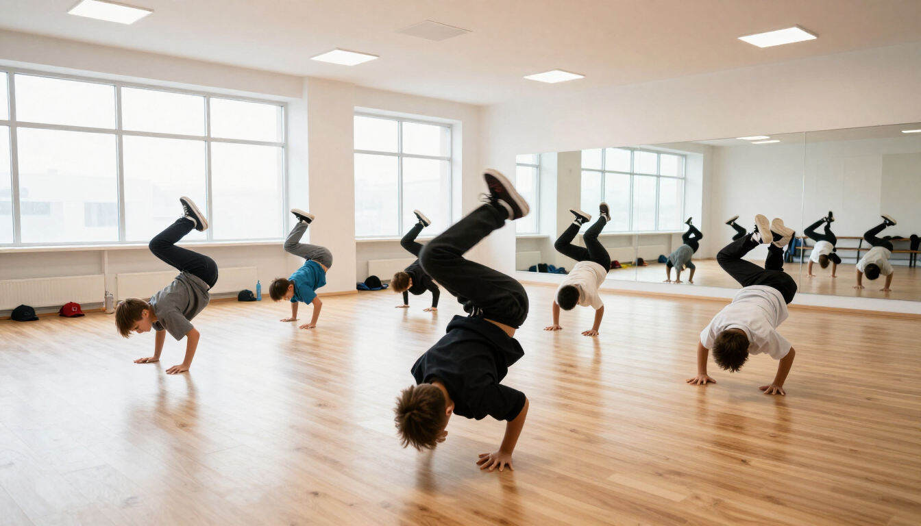 A group of young children are dancing together in a dance studio.