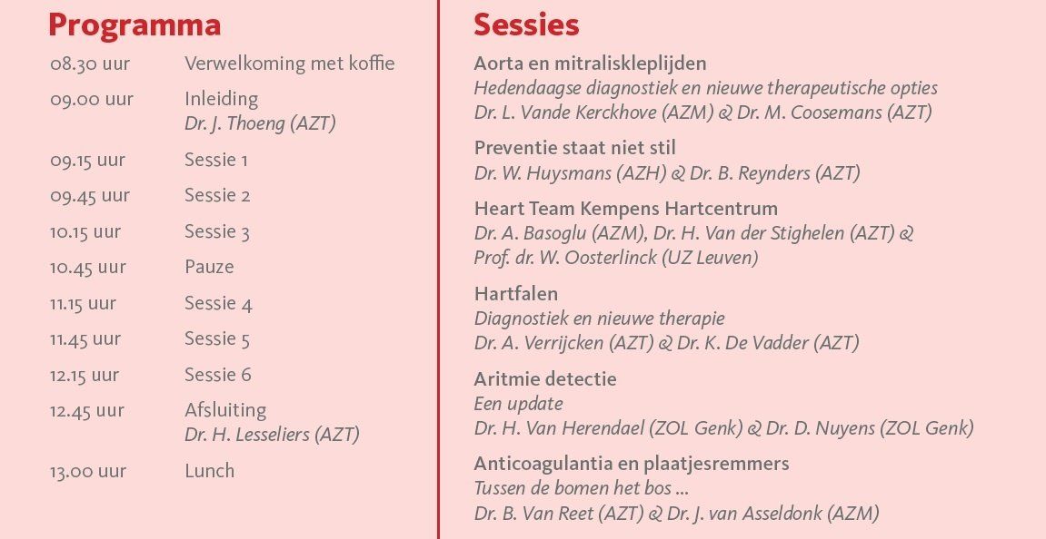 Roze evenementenprogramma met Nederlandstalige programmaonderdelen en sessies in twee kolommen.