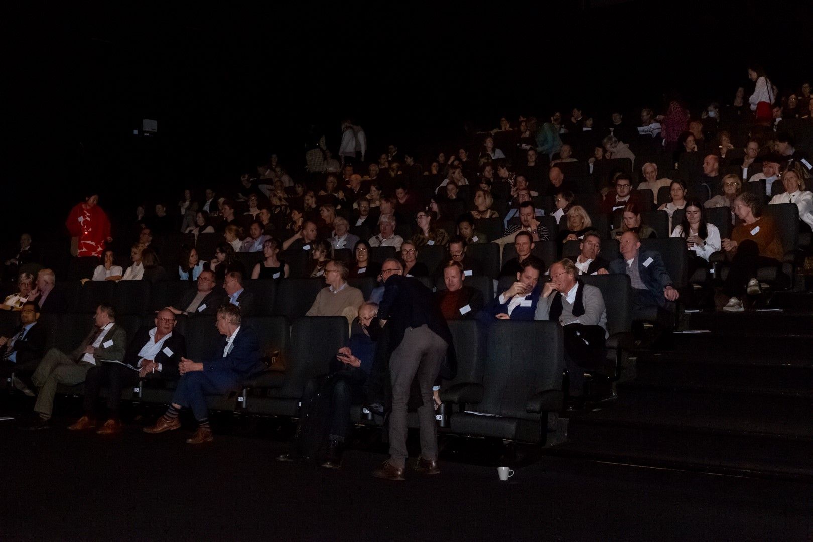 Een schemerig verlicht theater met een publiek dat in rijen zit te kijken naar een presentatie of voorstelling.
