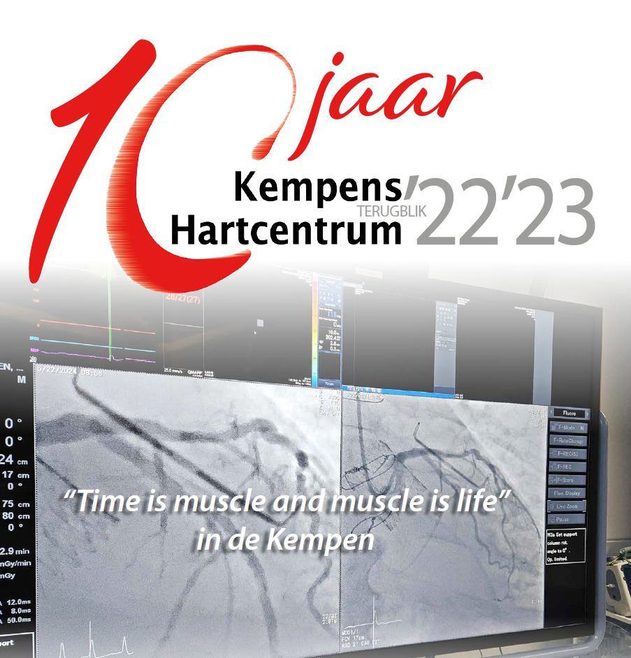 Poster ter ere van het 10-jarig jubileum van het Kempens Hartcentrum 2022-2023, met afbeeldingen van hartscans en het citaat