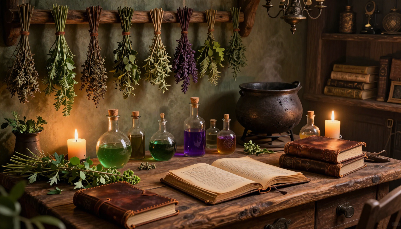 Herb-lined rustic altar with candles, potion bottles, open books, and a cauldron on a wooden table