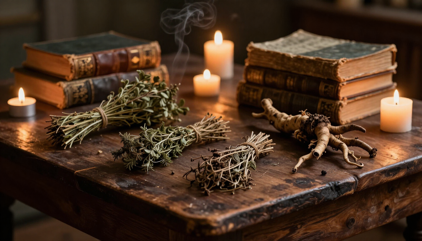 Antique spiritual tools and roots on a wooden table