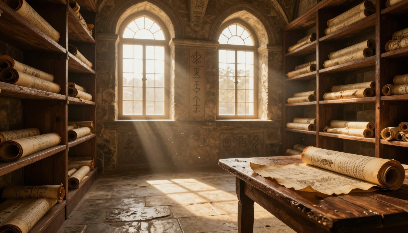 A photorealistic ancient library with scrolls and mystical lighting.
