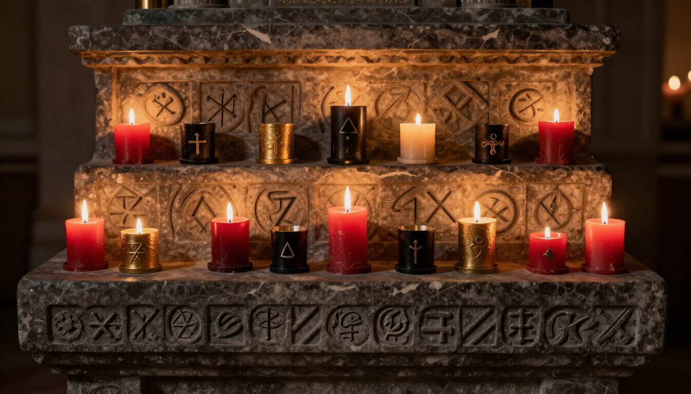 Tiered altar with red and yellow candles lit amid ornate carved symbols in a dim room
