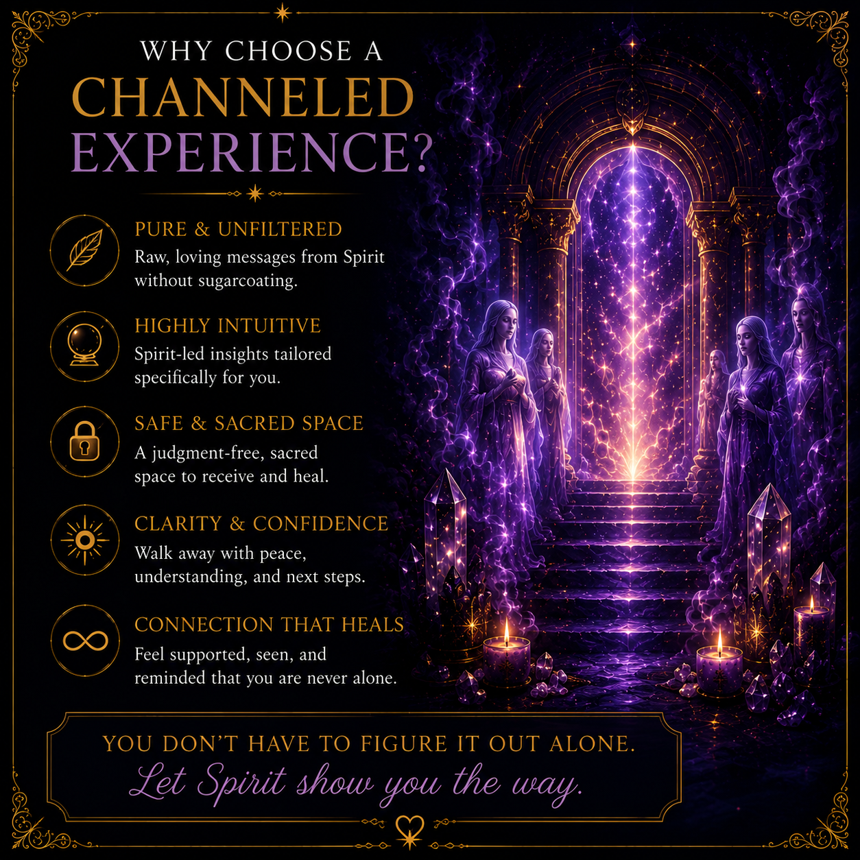 Mystical purple oracle reading poster with glowing stars, moon phases, and a robed figure under a cosmic portal.