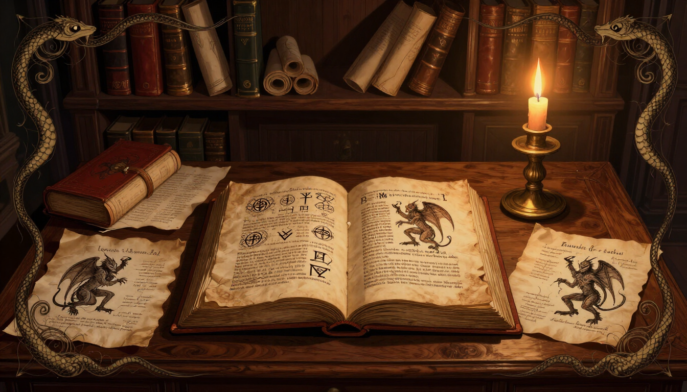 Candlelit antique desk with open spellbook, bookshelves, skulls, and old books in a dark study