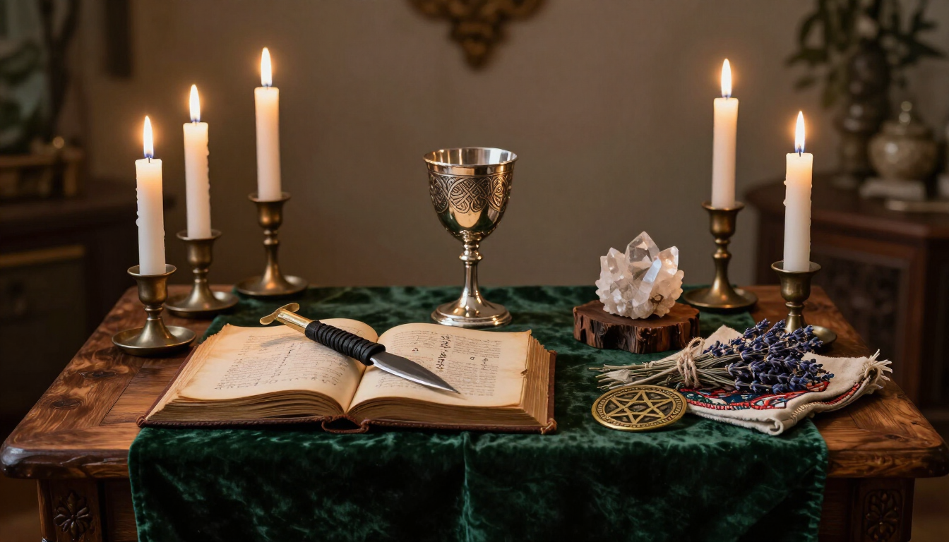 Open book on a candlelit altar with chalice, candlesticks, and ritual items on green cloth